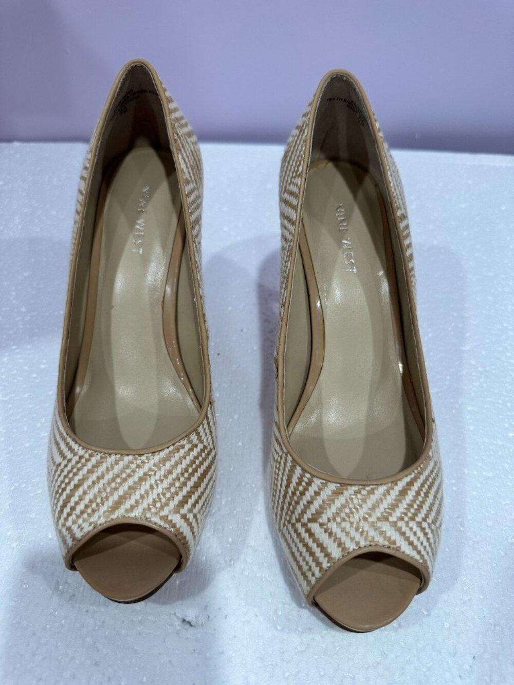 Nine West Beige White Chevron Textile Peep Toe Stiletto Heels